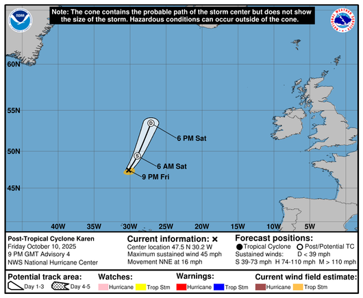 Summary for Post-Tropical Cyclone Karen (AT1/AL112025)
The minimum central pressure was 1000 mb with maximum sustained winds of about 45 mph.