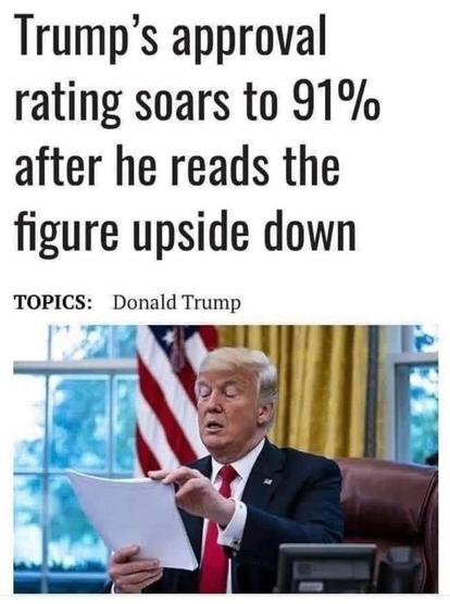 Image with a photo of Trump reading and the text says Trump's approval rating soars to 91% after he reads the figure upside down.