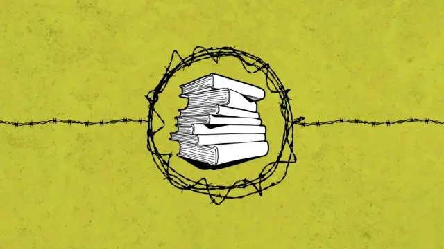 Illustration of a pile of books, surrounded by a circle of barbed wire.
