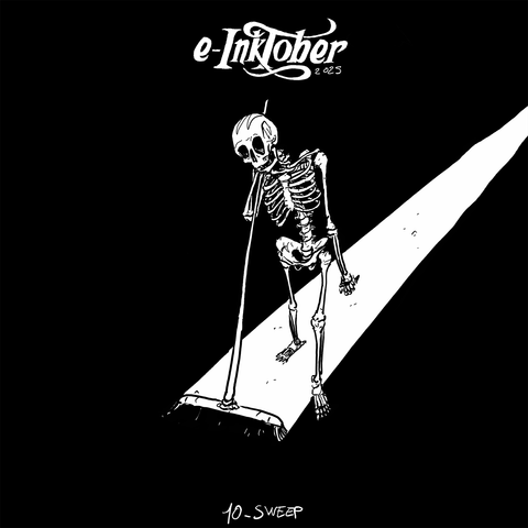 A black and white drawing of a skeleton standing, leaning, against a broom. The room around is fully black except for a line of white sweep going from the broom brush to the back, in the right up corner .