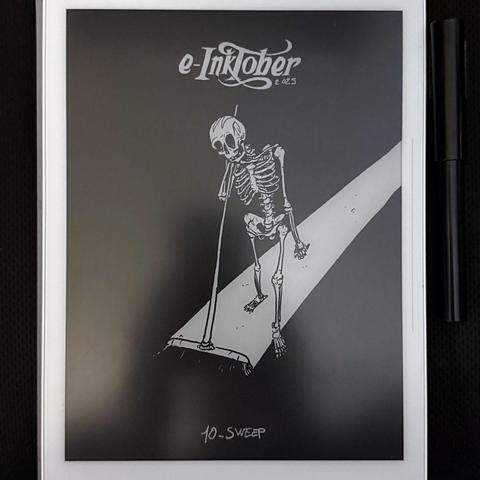 A photo of the same  black and white drawing of a skeleton standing, leaning, against a broom, on the e-ink tablet it was drawn.
