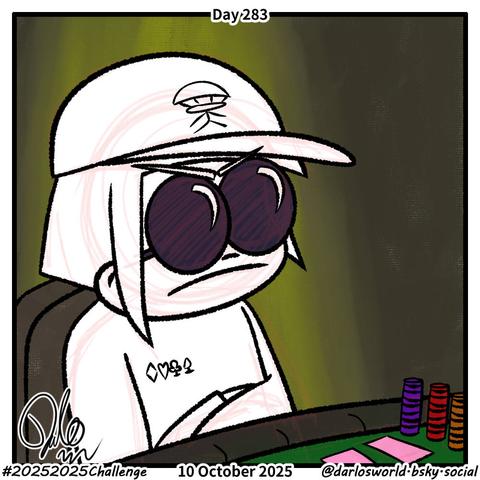 Drawing of Darlo sitting at a poker table wearing large sunglasses and a cap. He has a very serious expression on his face.
