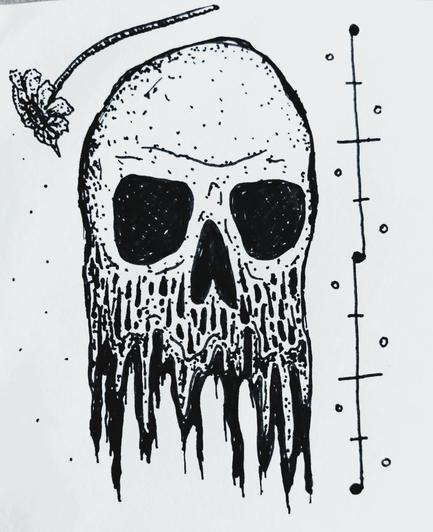 black ink fineliner doodle of a skull with melty shit falling off on the lower half, a flower, some lines and dots. everything i do lately sux sorry.
