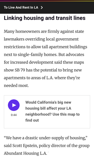 excerpt from LA ist article on how new legislation could aid construction of new housing in commuter transit corridors