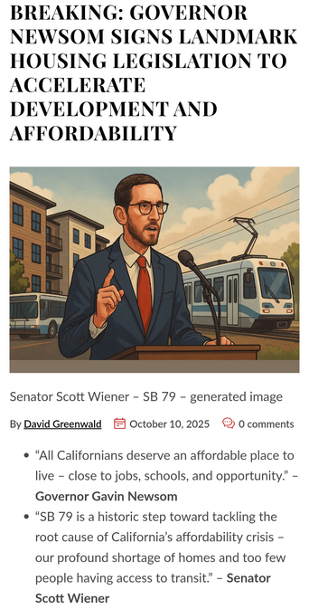 BREAKING: GOVERNOR
NEWSOM SIGNS LANDMARK
HOUSING LEGISLATION TO
ACCELERATE
DEVELOPMENT AND
AFFORDABILITY

By David Greenwald =] October 10,2025 

Illustration of Senator Scott Wiener - SB 79 - Artificial Intelligence generated image 

 “All Californians deserve an affordable place to live - close to jobs, schools, and opportunity.” - Governor Gavin Newsom

 “SB 79 is a historic step toward tackling the root cause of Californias affordability crisis - our profound shortage of homes and too few people having access to transit.” - Senator Scott Wiener