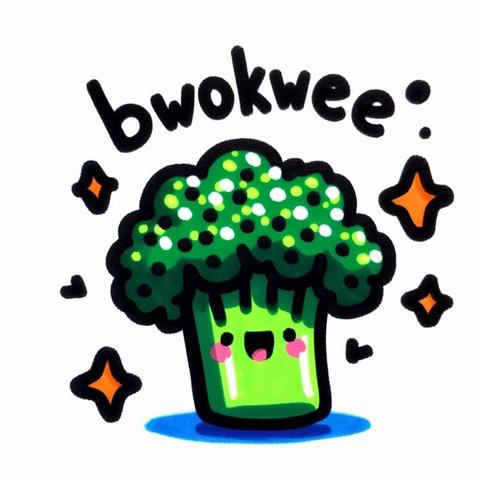 A smiling floret of broccoli with the word "bwokwee" over the top