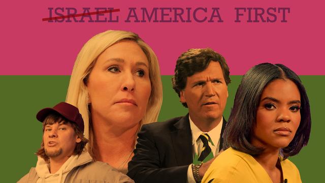 Israel (strikeout) america first

theo von, tucker Carlson, marjoeire Taylor green, Candace Owens