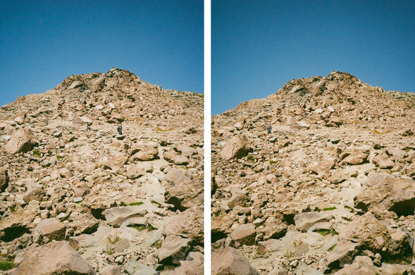 Diptych of a rocky mountain as the subject for both images.

Left image shows a mainly-barren rocky part of a hiking trail, with two people passing through the middle of the image, dwarfed by the distance from the camera.

Right image shows the same perspective, but the hikers have left the frame, leaving the mountain standing alone.