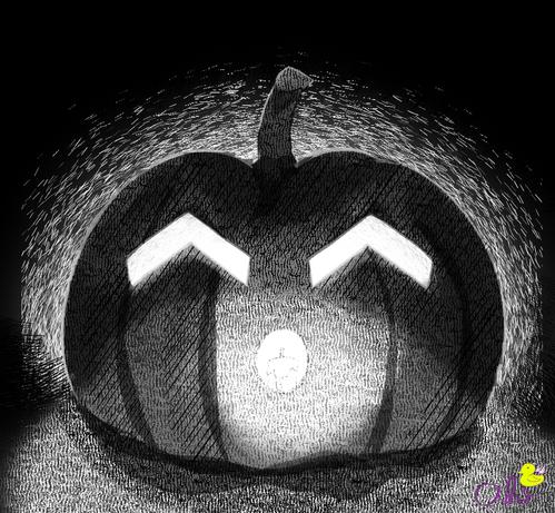 Monochrome mogeko pumpkin with glowing eyes and mouth