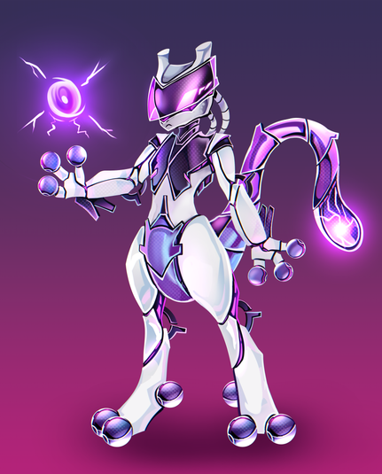 Illustration of a robot version of mewto. His body is mostly white, with sections in purple/violet, with a very metalic shading to it. His legs are long, with digitigrade type legs, with one sphere for heel and two for toes. His hands have 3 fingers each, with spheres at the end of the fingers. His head has two stubs for horns at the top, a short muzzle, and a purple visor around the eyes, and cabes coming from the back of the head to his back. His tail is long and segmented, with a bright energy shining in the transparent end of it. He has one of his arms raised slightly, with a ball of energy floating above it.