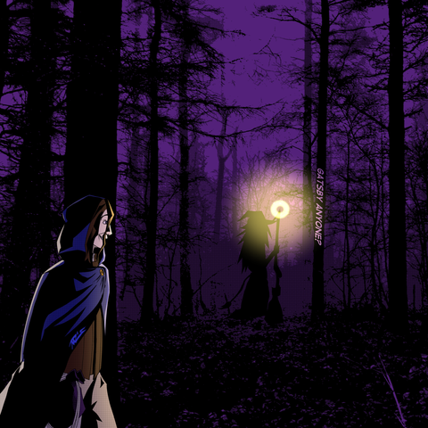 A hooded thief follows a witch through the woods