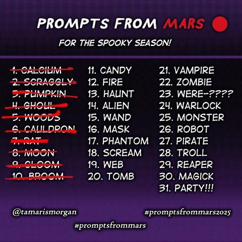 Prompts from Mars 2025 day 10 - Broom: Complete! The days 1-10 are crossed out in red.