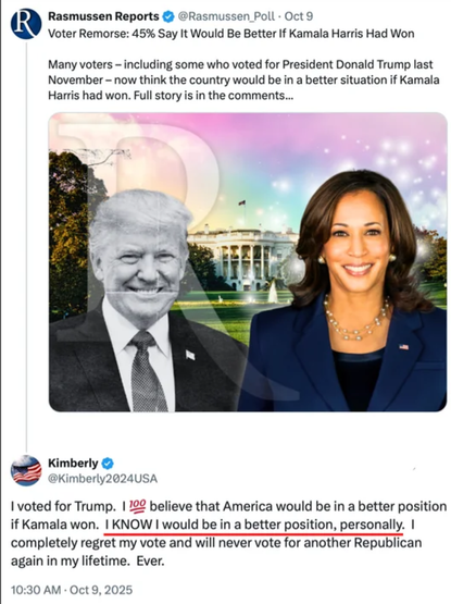 Regret is starting to set in for Trump dipshits, now that they are the ones feeling the consequences of their vote.