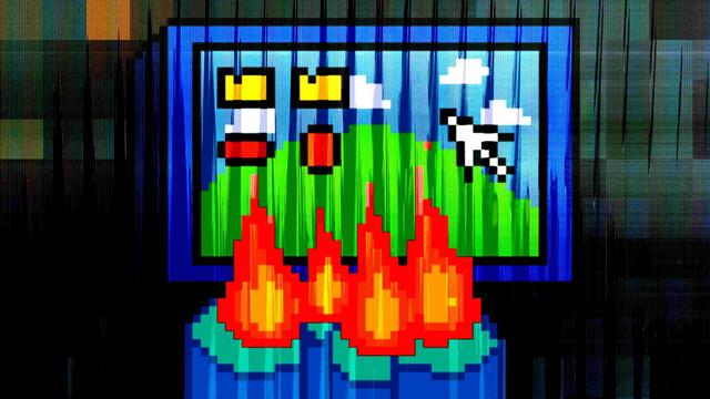 Pixel art de um computador e 4 velas azuis em sua frente. Possui um filtro de distorção na frente, que foi mesclada com a imagem distorcendo-a com ondas escuras que sobem e descem.