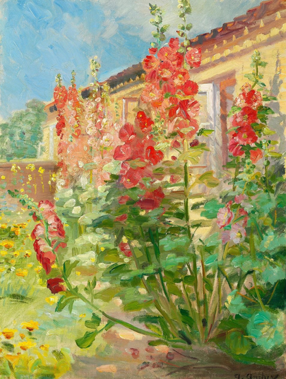 A painting of the Skagen school. A clump of red hollyhocks stand in a garden, surrounded by grass and yellow flowers. In the background, a house wall can be seen, partly obscured by the hollyhocks and other plants.