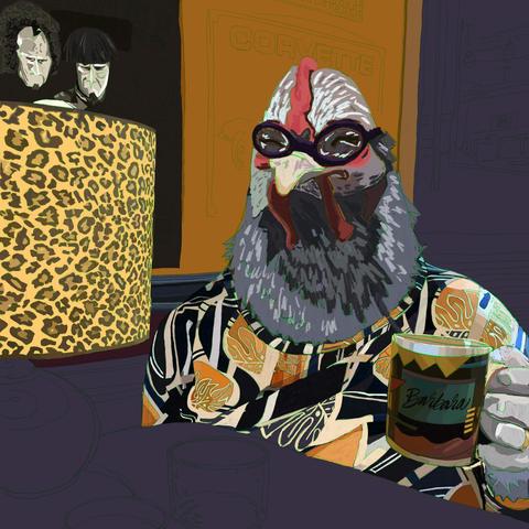 Barbara the chicken woman is now sitting next to a leopard pattern lamp shade and a half finished poster of a Three Stooges short.