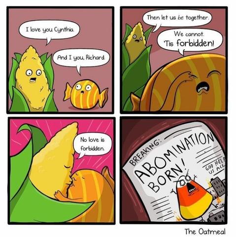 This is a four-panel comic strip, in the first panel, the corn cob says “I love you Cynthia” and the wrapped candy replies “And I you, Richard.” In the second panel, the corn cob says “Then let us be together.” The wrapped candy responds “We cannot. ‘Tis forbidden.” The third panel shows the corn cob saying “No love is forbidden” while kissing the candy. The final panel shows a newspaper with the headline “BREAKING: ABOMINATION BORN!” with a drawing of a candy corn. Underneath the headline, it reads "GOD HELP US ALL". The comic is signed “The Oatmeal”.
