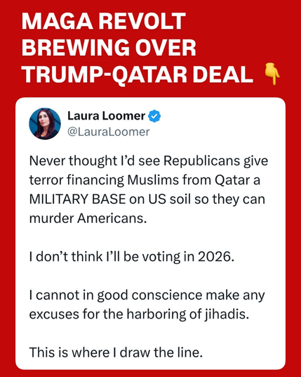 Post by Laura Loomer made into a meme: Never thought I'd see Republicans give terror financing Muslims from Qatar a MILITARY BASE on US Soil so they can murder Americans. I don't think I'll be voting in 2026. I cannot in good conscience make any excuses for the harboring of jihadis. This where I draw the line.