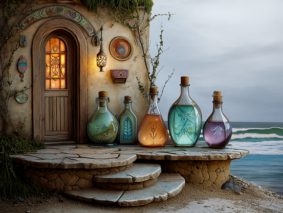 A cozy seaside cottage with mystical decorations around a warmly glowing doorway, in morning light, with a single lantern still lit. A delivery of large fancy bottles filled with magical substances awaits on a rustic stone porch.