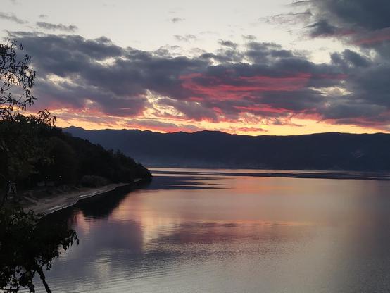 Sunset over the Ohrid Lake, seen from the Sveti Naum Monastery in North Macedonia.