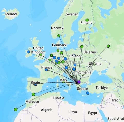A map showing all our QSOs, ranging from the Canary Islands and Greece all the way up to Ireland, Norway, Finland and Russia.