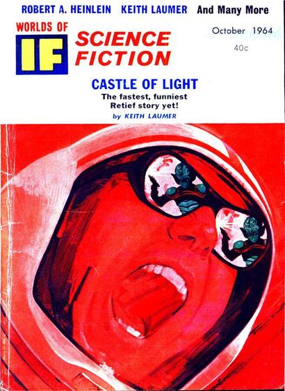 A helmeted figure in bright red and white is seen in extreme close-up, mouth open apparently in a shout; seen in the reflective surface of his goggles is a figure with pointed ears and a ribbed torso holding a futuristic pistol.
Worlds of IF magazine cover from 1964.