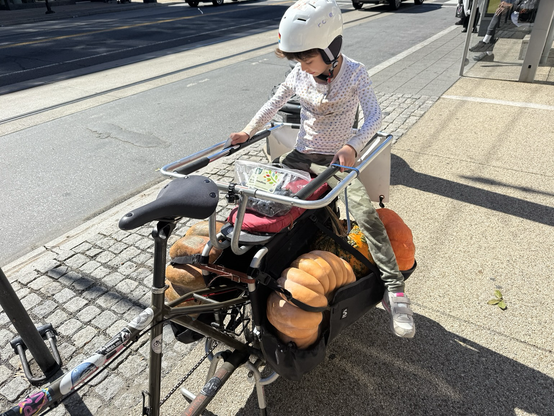 A cargo bike loaded with fancy pumpkins and a young child in the passenger area