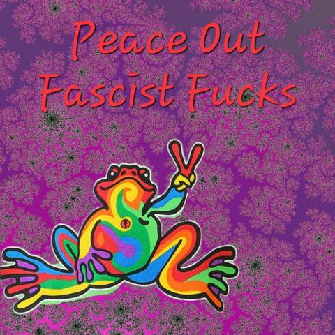 Peace frog wearing resistance International sigil over mandelbrot fractal from link. It says Peace Out Fascist Fucks