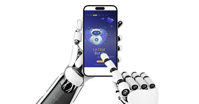 Deux mains robotiques tiennent un smartphone affichant l’écran d’un chatbot souriant intitulé « Le Chat Bot IA ». L’image illustre de façon symbolique la scène devenue banale où les intelligences artificielles dialoguent entre elles, sans présence humaine réelle : un robot qui “touche” son propre écran, comme si l’interaction sociale était désormais entièrement automatisée. Le contraste entre la froideur métallique des mains mécaniques et les couleurs douces, presque affectueuses, de l’interface numérique souligne la confusion entre relation et simulation, entre communication et calcul. Cette composition visuelle représente l’idée centrale de l’article : la disparition progressive de la parole humaine sur les réseaux sociaux, remplacée par un théâtre d’IA qui se répondent en boucle.