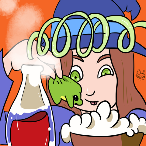 Bruja con probetas y espirales y un bol espumoso cogiendo a Froggelio con la mano y apunto de echarlo al bol.