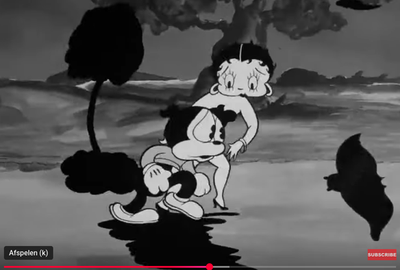 Betty Boop and friend running in a dark atmosphere with eerie figures around