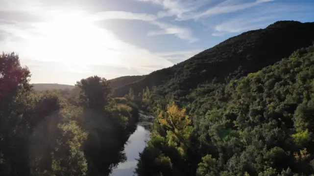 Un petit fleuve au pied d'un massif dans la lumière matinale. Au loin, le soleil du matin illumine le ciel légèrement voilé.