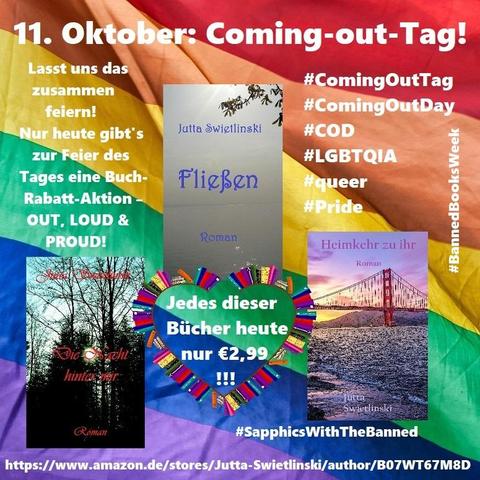 Ein Foto von einer wehenden Regenbogenfahne, davor die Cover der drei genannten Romane von Jutta Swietlinski mit Werbetext, Link zur Kaufseite und verschiedenen Hashtags.