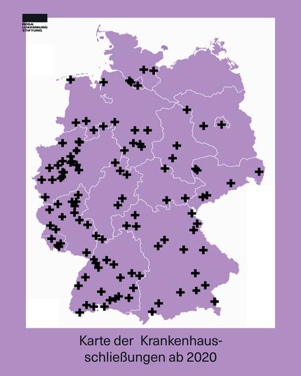 Bildbeschreibung (Deutsch):
Zwei Infografiken der Rosa-Luxemburg-Stiftung: Die erste zeigt eine Karte Deutschlands mit zahlreichen schwarzen Kreuzen als Markierungen geschlossener Krankenhäuser seit 2020. Die zweite zeigt eine Protestaktion gegen Krankenhaus-Schließungen, bei der Menschen in Krankenhauskleidung ein Banner mit der Aufschrift „Lauterbachs Reform: Es wird eng." halten.
Image description (English):
Two visuals by the Rosa Luxemburg Foundation: The first shows a map of Germany marked with many black crosses indicating hospital closures since
2020. The second depicts a protest scene against hospital privatization, with people in hospital gowns holding a banner reading "Lauterbach's reform: It's getting tight."🖖