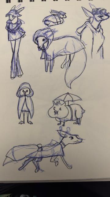 pen doodles of random creatures wearing various rain gear. a tall slender bunny, a loaf bunny, 2 foxes, a bird, and a gerbil