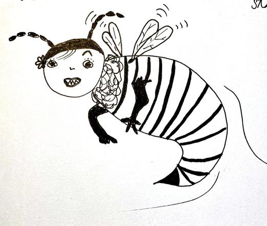 Drawing of a wasp-like figure grinning at the viewer and pointing to its sting.