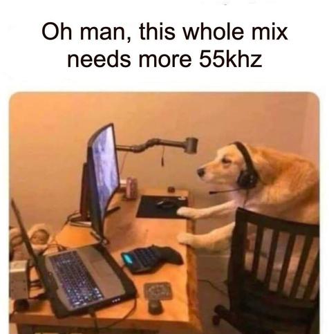 A golden retriever wearing headphones and sitting at a computer. 

Caption: “Oh man, this whole mix needs more 55khz”