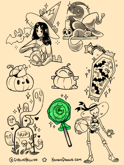 A full page of tattoo designs ready to be tattooed! There is a bat witch, a witchy window shelf, a frog stuck in a pumpkin, a mouse in a pumpkin, some ghosties around a grave, a lollipop with an eyeball in it, a fabulous beach skeleton, and a candy wrapper shaker charm keychain in the shape of a coffin with bats and other glittery bits in it.