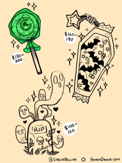 Larger versions of the lollipop, shaker charm, and grave. Prices are next to them in sliding scales.