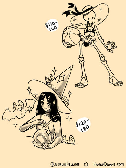 Larger versions of the beach skeleton and the bat witch. Pricing is in sliding scale next to them.