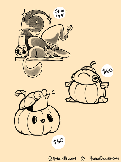 Larger versions of the witch window, pumpkin frog, and pumpkin mouse. Prices are next to them in sliding scales.
