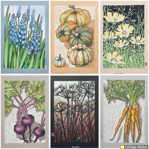 A photo collage of some of my garden produce and flowers art:
Blue grape hyacinths, pumpkins, yellow cosmos, beetroot, silhouettes of cow parsley and carrots