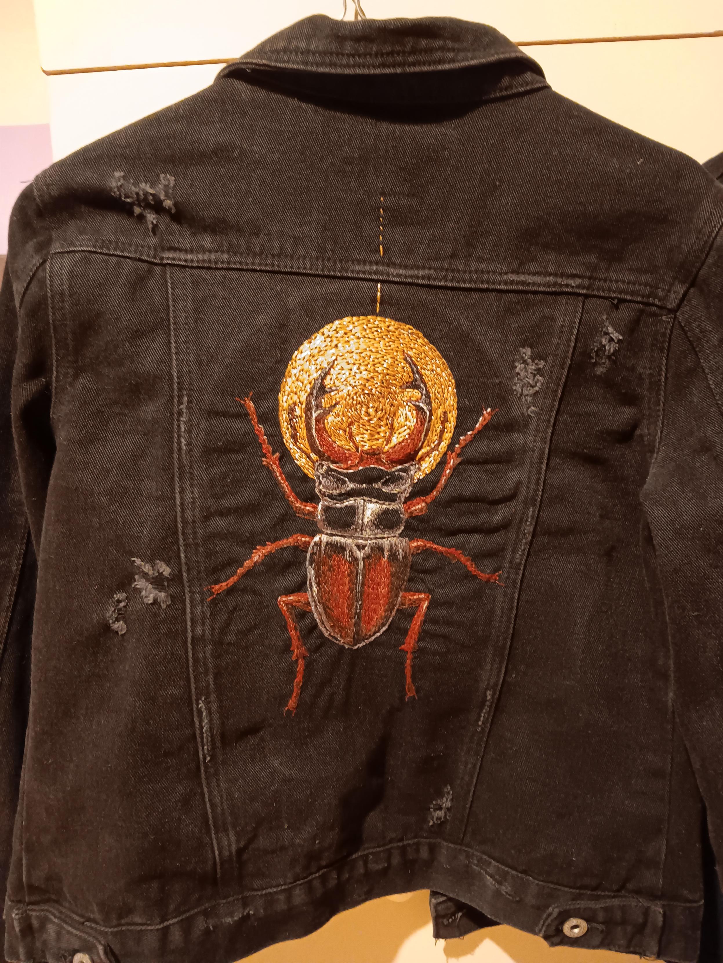 A photo of the entire jacket, showing the placement and the size of the embroidered stag beetle.