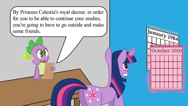 A comic:

Spike: "By Princess Celestia’s royal decree: in order for you to be able to continue your studies, you're going to have to go outside and make some friends."

Twilight: Literally 1984!