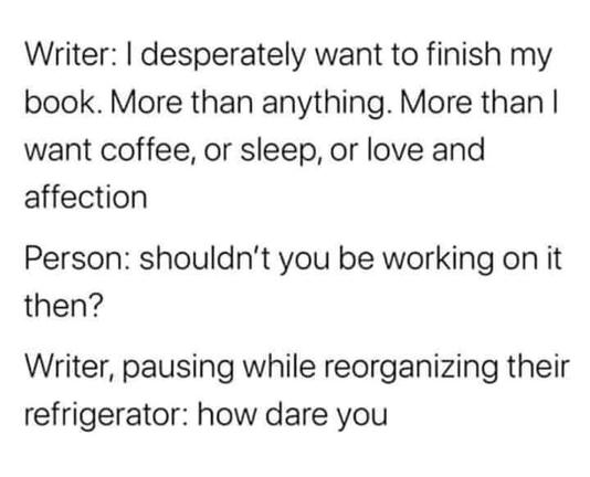 Writer: I desperately want to finish my book. More than anything. More than I
want coffee, or sleep, or love and affection.
Person: shouldn't you be working on it then?
Writer, pausing while reorganizing their refrigerator: how dare you!
