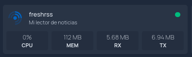 Vista do freshrss na páxina de Homepage no meu vps, amosando o gasto de cpu e memoria e as tasas de transferencia de datos