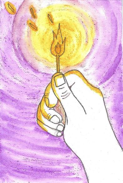 Une main qui tient une allumette qui éclaire la main et le fond du dessin.