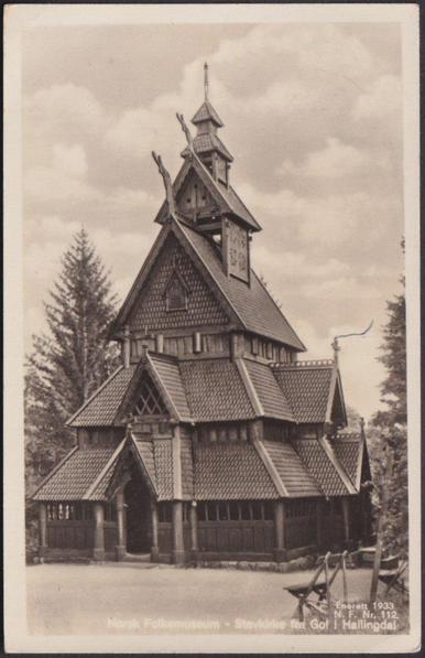 Monochrome real photographic postcard showing a view of the Stave Church from Gol in Hallingdal at the Norsk Folkemuseum in Oslo, Norway.

Published by the Norsk Folkemuseum, No 112, 1933.

Postally used on 16 August 1935 with Løken i Valdres cancellation on red 20ø stamp and sent to Miss Amos, 30 Ethelbert Road, Canterbury, England.

Very good condition, with slight corner bumps.