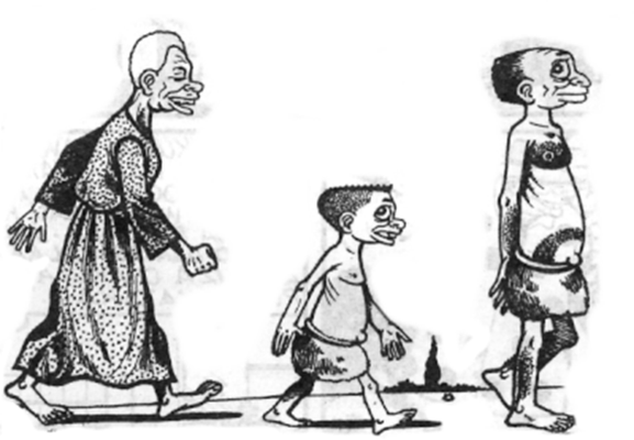 Drei gezeichnete Charaktere aus einer afrikanischen Asterix-Variante. Sie sind in einer laufenden Bewegung hintereinander von der Seite dargestellt.