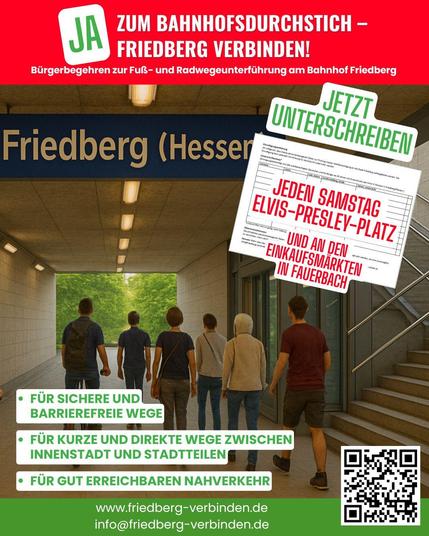 Jetzt unterschreiben.
Für den Tunneldurchstich am Friedberger Bahnhof:
- für sichere und barrierefrei Wege
- für kurze und direkte Wege zwischen Innenstadt und Stadtteilen
- für gut erreichbaren Nahverkehr

Jeden Samstag auf dem Elvis-Presley-Platz in Friedberg und an den Einkaufsmärkten in Fauerbach.